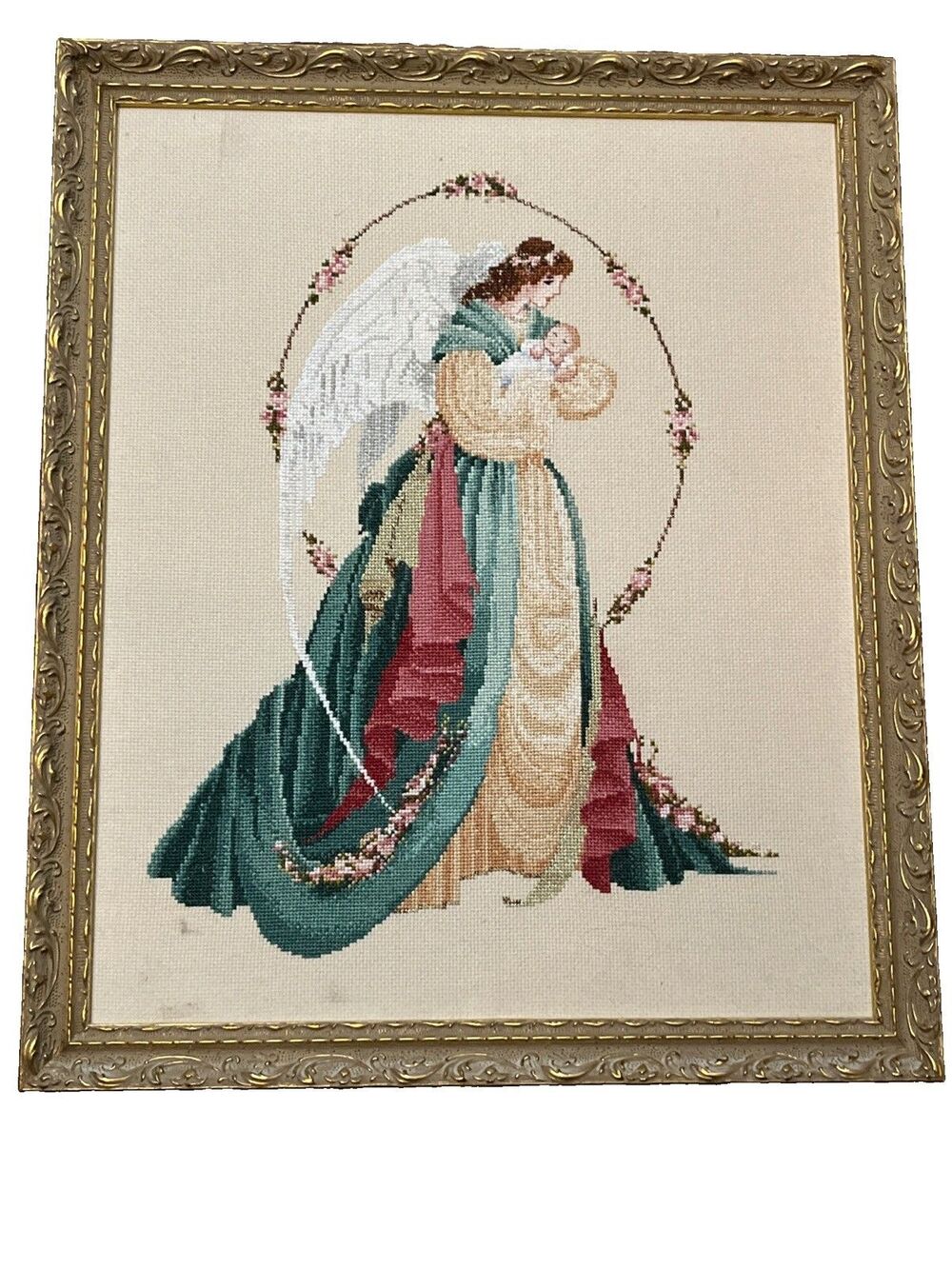 Completed Lavender & Lace Guardian Angel Custom Gold Frame 18x15x1